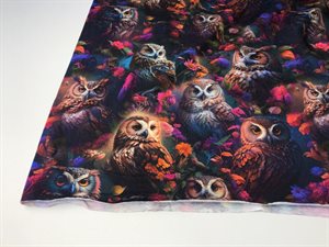 Bomuldsjersey - mørk multi color med detaljerede ugler
